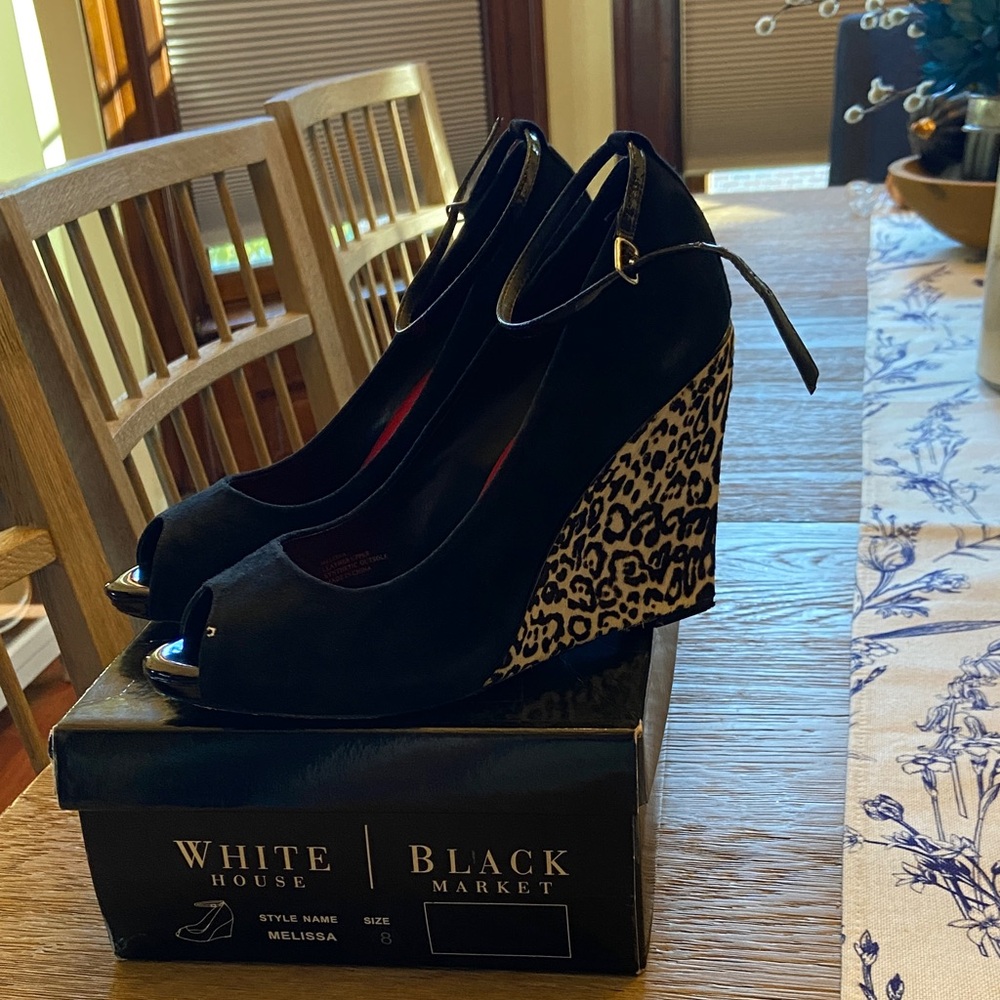 White House Black Market Black and Leopard Wedges